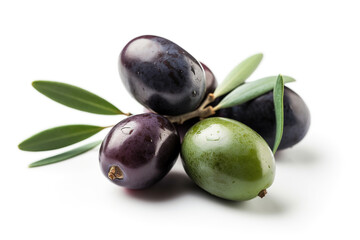 Obraz premium Fresh olives on an olive branch, vibrant green on a white background
