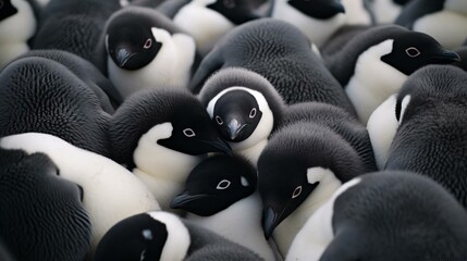 a close up of a group of black and white animals