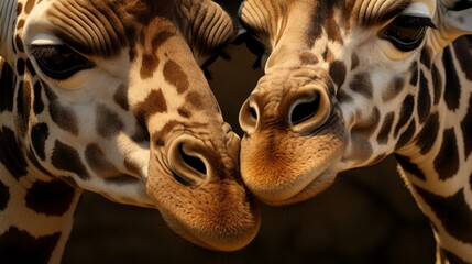 a giraffe licking another giraffe