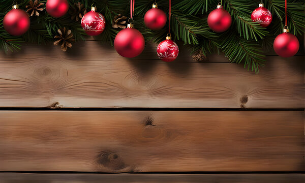 Christmas tree branch decorations on a wooden background