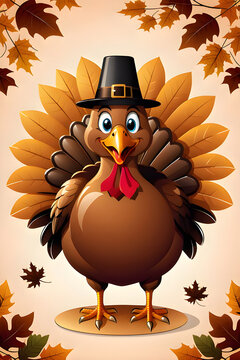 Thanksgiving-themed wallpaper with turkey,  pumpkins and autumn leaves. Background for Thanksgiving-themed