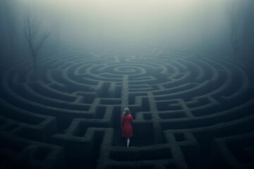 A person in a foggy maze, unable to find their way out of depression