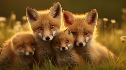 Fototapeta premium a group of foxes in the grass