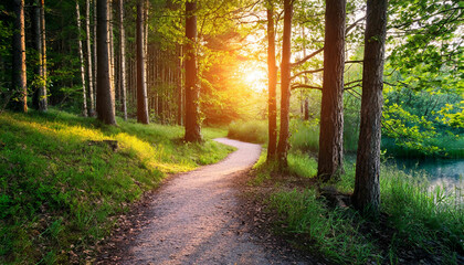 Fototapeta premium Scenic Forest Road during a Serene Sunset