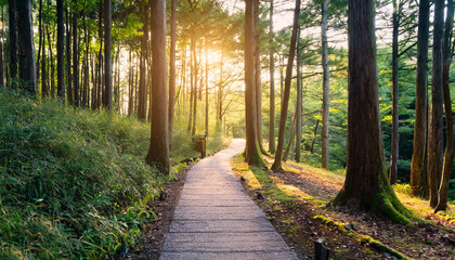 Obraz premium Scenic Forest Road during a Serene Sunset
