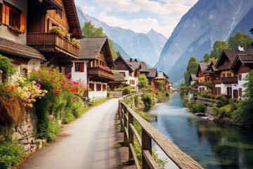 A road through a charming European village in the Alps, full of charm - obrazy, fototapety, plakaty