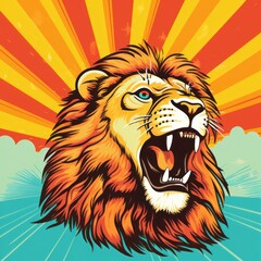 Fototapeta premium Lion on grunge background with vintage sun rays.