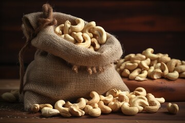 Cashew nuts spilling out of a burlap sack