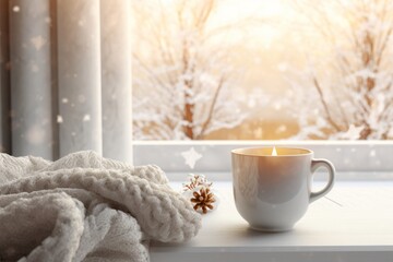 Obraz na płótnie Canvas Cozy winter scene mockup with a blanket, a cup of cocoa, and frosty window lighting