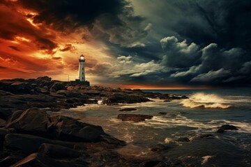 Dramatic sky background with storm clouds and a lighthouse on the coast