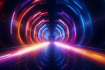 Dynamic 3D tunnel with neon lights and abstract patterns