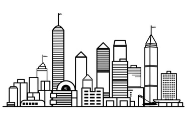 Outline Hong Kong China City Skyline with Modern Buildings Isolated on White. Vector Illustration. Linear banner of Hong Kong city. - obrazy, fototapety, plakaty
