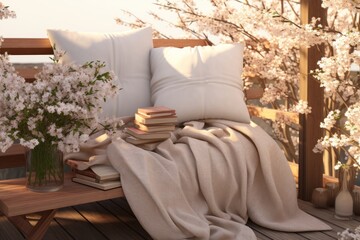 Cozy outdoor reading nook with books, a blanket, and spring flowers - obrazy, fototapety, plakaty