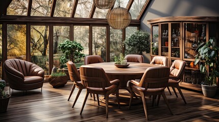 Chairs at round wooden dining table in room with sofa and nature landscape.