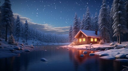 Obraz premium a house with a lake in the front at night
