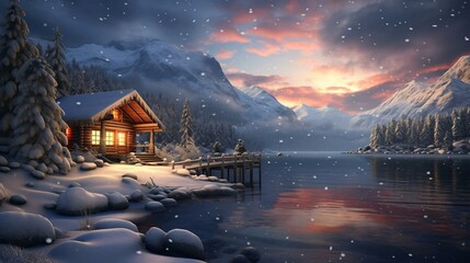 a cabin on a snowy lake
