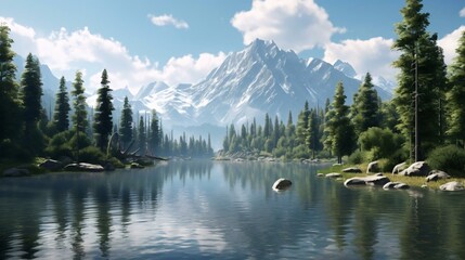 a lake with trees and rocks with a mountain in the background - obrazy, fototapety, plakaty