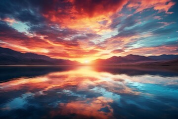 Naklejka na ściany i meble Sunrise sky background over a serene lake with a mountain backdrop