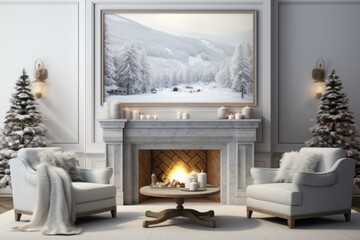 Warm and inviting winter mockup showcasing a snow-covered landscape and a fireplace
