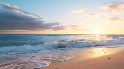 Fototapeta na wymiar a beach with waves and the sun setting