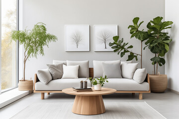 Minimalist interior of living room with green houseplants, grey sofa, white walls and wooden furniture. Scandinavian cozy interior design.