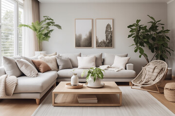 Minimalist interior of living room with green houseplants, grey sofa, white walls and wooden furniture. Scandinavian cozy interior design.