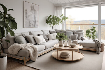 Fototapeta premium Minimalist interior of living room with green houseplants, grey sofa, white walls and wooden furniture. Scandinavian cozy interior design.