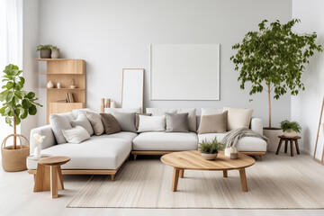 Minimalist living room interior with blank poster frame mock-up, grey sofa, and white walls. Scandinavian cozy interior design.