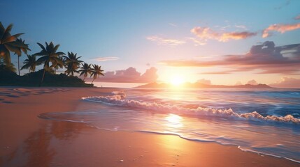 Fototapeta na wymiar a beach with palm trees and the sun setting