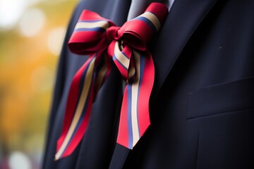 A close up of a Patriot Day ribbon pinned to a jacket as a symbol of remembrance