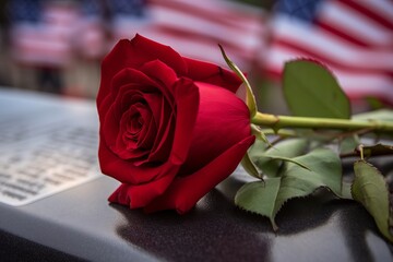 A lone rose placed on the names of victims at a Patriot Day memorial