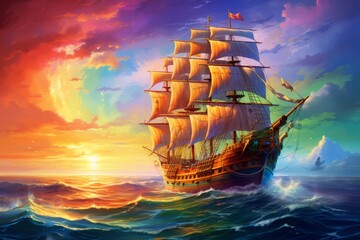 A pirate ship sailing under a vibrant rainbow, symbolizing the promise of adventure and excitement that awaits on the open sea - obrazy, fototapety, plakaty