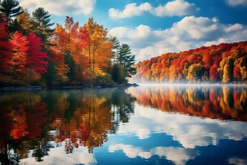Obraz premium A serene view of a lake reflecting the rich autumn foliage on its surface, creating a picturesque and tranquil fall landscape