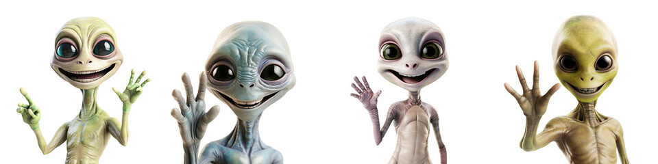 A set of aliens smiling and waving greetings isolated on a transparent background