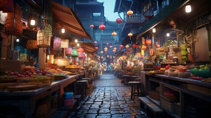 a street with many shops and food - obrazy, fototapety, plakaty