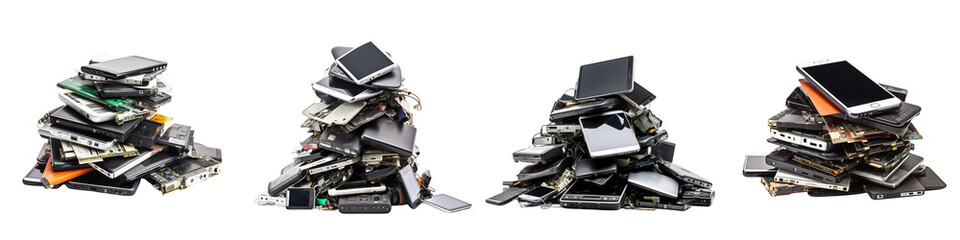 A set of Pile of electronic waste such as notebook computers, mobile phones and car batteries that can be used for recycling isolated on a transparent background