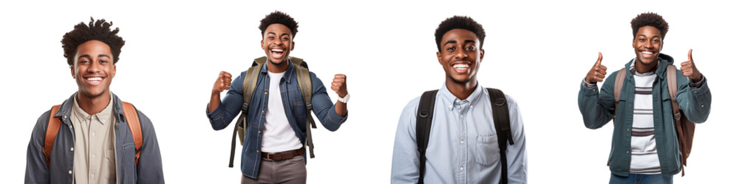 A set of Black male American students smiling happily at success on isolated on a transparent background