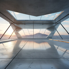 A 3D Render of Abstract Futuristic Glass Architecture with an Expansive Empty Concrete Floor, Inviting Imagination and Exploration