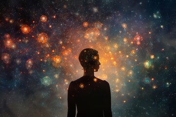 Abstract image of a person's silhouette surrounded by a constellation of interconnected thought bubbles - obrazy, fototapety, plakaty