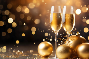 A Champagne Glass Bedecked with Christmas Baubles, Set Against a Starry Holiday Background Illuminated by Glitter and Twinkling Lights Filled Happy New Year Golden Christmas Cheers