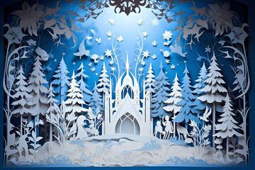 Merry chrismas and winter with snow and christmas tree. Paper art style. Crismass paper decorations, white and blue