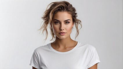 Fototapeta premium photo of a young beautiful woman in a white T-shirt isolated on a white background