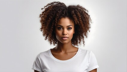 photo of a young beautiful black woman in a white T-shirt isolated on a white background