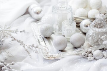 Fototapeta na wymiar Chic white and silver Christmas flatlay with snowflakes, candles, and glass ornaments