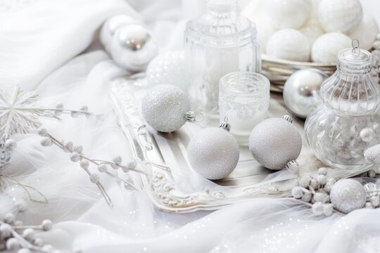 Chic white and silver Christmas flatlay with snowflakes, candles, and glass ornaments