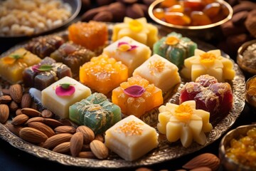 Plate of assorted sweets and nuts on a table