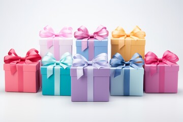 Obraz premium Colorful holiday gift boxes and bows neatly placed on a clean white background