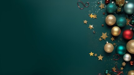 Naklejka na ściany i meble Top view of Christmas tree decorations, toys, balls and confetti on a green surface with empty space for text. Merry Christmas and Happy New Year concept.