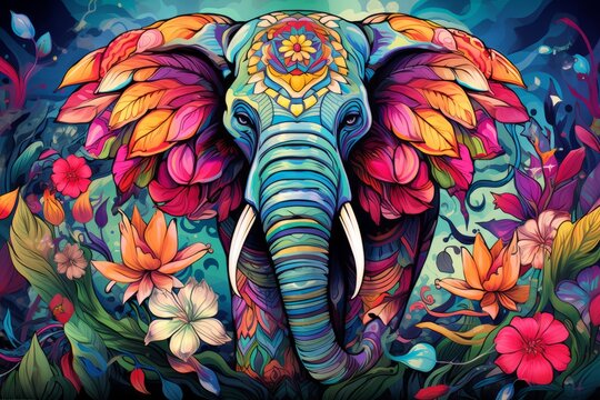 Colorful painting of an elephant surrounded by vibrant flowers