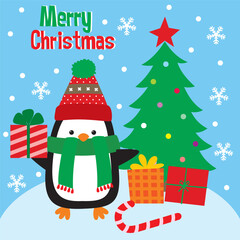 Cute Penguin with Christmas Tree and candy cane
